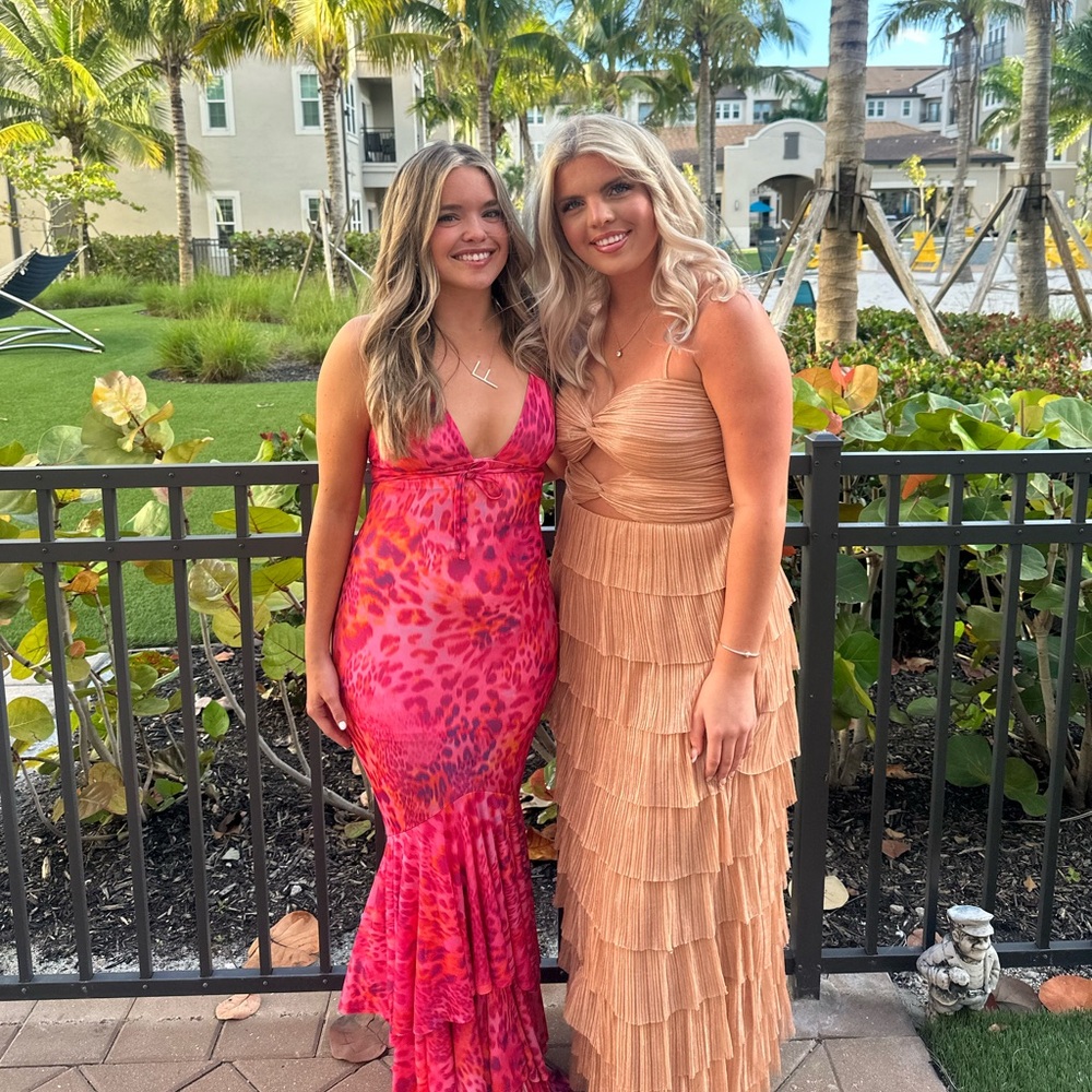 Michael Costello x Revolve Suvi Pink Tiered Animal Print Strappy Maxi Dress Gown